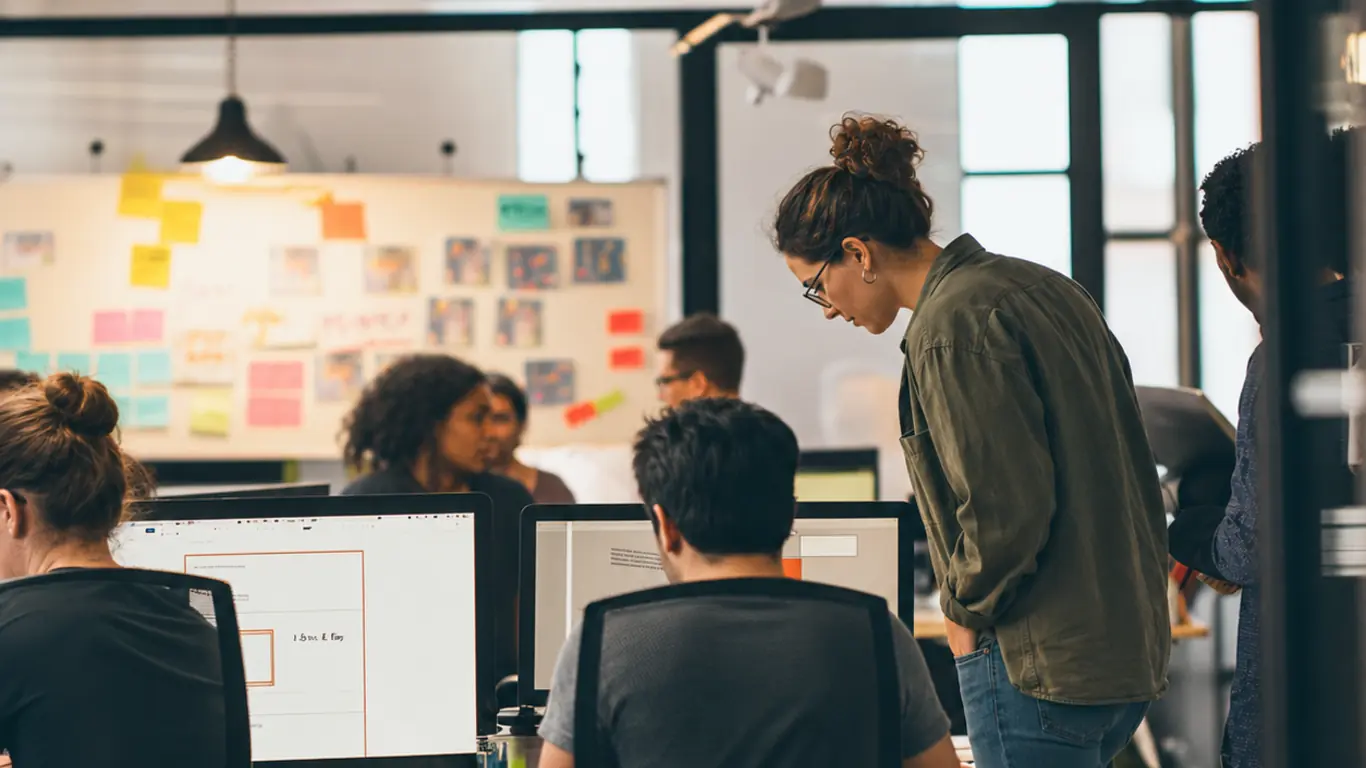 Office team collaborating around computer workstations