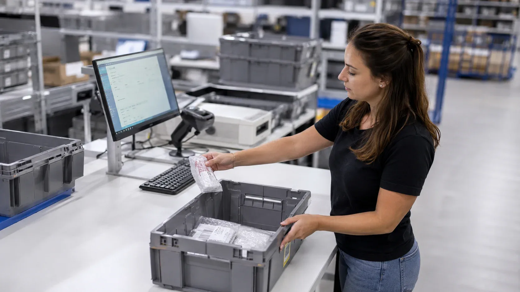 Worker processing an order at a fulfillment workstation